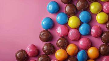 ai generato mucchio di cioccolato coperto caramelle su rosa sfondo foto