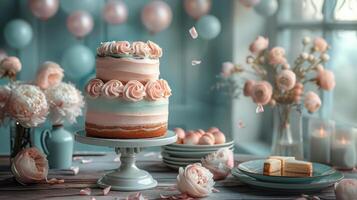 ai generato compleanno torta con rosa glassa e spruzzatori foto