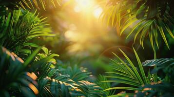 ai generato luce del sole filtraggio attraverso tropicale albero le foglie foto