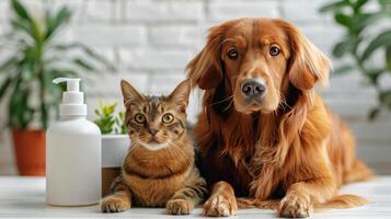 ai generato cane e gatto seduta insieme foto