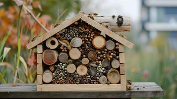 ai generato di legno giardino insetto casa nel giardino foto