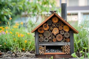 ai generato di legno giardino insetto casa nel giardino foto