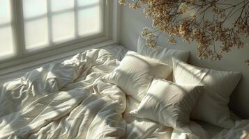 ai generato un' letto ornato con multiplo cuscini foto