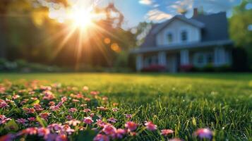 ai generato luminosa sole splendente al di sopra di prato con rosa fiori foto