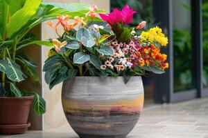 ai generato bellissimo colorato in vaso impianti e fiori nel un' grande gres fiore pentola per balcone, terrazza o terrazza. foto