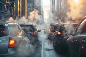 ai generato mezzi di trasporto viaggio traffico marmellate su strade con aria inquinamento, Fumo a partire dal auto scarico tubi. foto