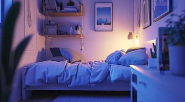 ai generato accogliente Camera da letto nel un' moderno appartamento, singolo letto, dettagliato, piccolo camera foto