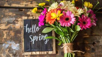 ai generato nostro 'ciao primavera' iscrizione impostato contro un' fondale di vivace fiori cattura il essenza di il stagione. foto