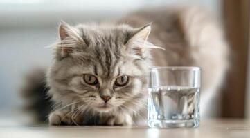 ai generato ritratto di un' gatto guardare a un' bicchiere di acqua. foto
