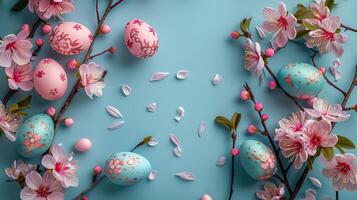 ai generato blu sfondo con rosa fiori e uova foto