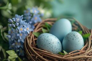 ai generato uccelli nido con blu uova e fiori foto