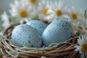 ai generato uccelli nido con blu uova e fiori foto