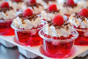 ai generato vassoio ful di delizioso gelatina dolci lampone e cioccolato sapori frustato crema frutti di bosco. foto