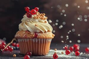 ai generato gustoso Cupcake con crema e mirtillo rosso foto