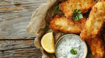 ai generato impanato e fritte pesce dita servito con remoulade salsa e Limone foto