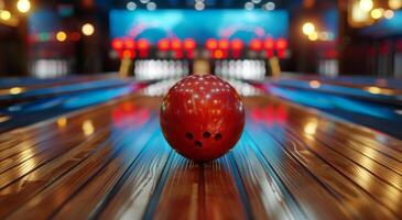 ai generato rosso bowling palla su bowling vicolo foto