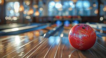 ai generato rosso bowling palla su di legno pavimento foto
