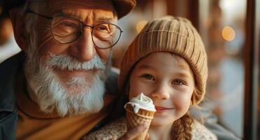 ai generato vecchio uomo e giovane ragazza mangiare ghiaccio crema foto