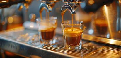 ai generato caffè espresso macchina scrosciante caffè in Due bicchieri foto