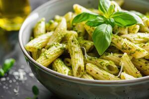 ai generato pasta pesto e pisello salsa servito nel ciotola foto