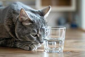 ai generato ritratto di un' gatto guardare a un' bicchiere di acqua. foto