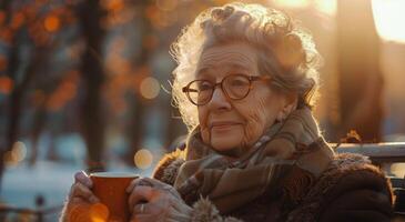 ai generato più vecchio donna Tenere un' tazza di caffè foto