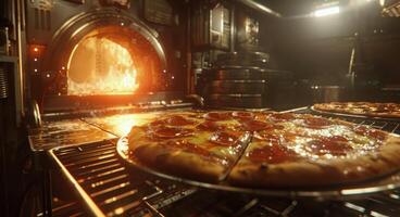 ai generato vicino su di Pizza cucinando nel forno foto