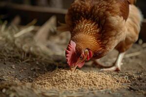 ai generato pollo mangia alimentazione e grano a eco pollo azienda agricola, gratuito gamma pollo azienda agricola. foto