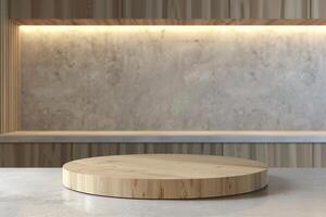 ai generato vuoto podio contatore legna sfondo cucina tavola scrivania ristorante superiore bianca leggero marmo presentazione interno. foto