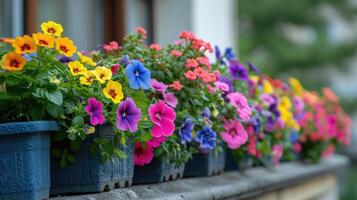 ai generato colorato fiori in crescita nel pentole su il balcone. foto