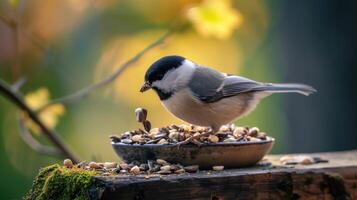 ai generato adorabile palude tetta parus palustris mangiare semi foto