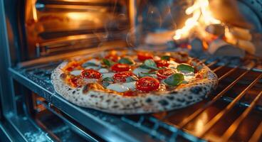 ai generato Pizza su metallo cremagliera nel forno foto