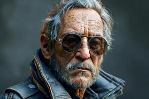 ai generato più vecchio uomo nel occhiali da sole e pelle giacca foto