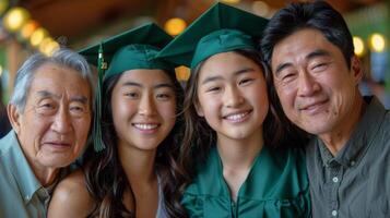 ai generato gruppo di persone nel la laurea caps e abiti foto