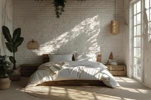 ai generato Camera da letto con bianca mattone muri e grande letto foto