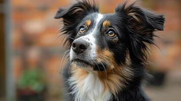 ai generato vicino su di cane con mattone parete sfondo foto