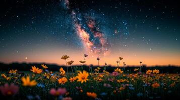 ai generato campo di fiori fioritura sotto notte cielo foto