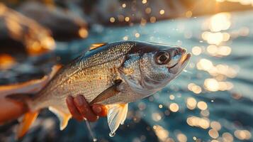 ai generato persona Tenere pesce nel mano foto