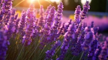 ai generato illuminata dal sole lavanda campo visualizzazione ricco viola tonalità foto