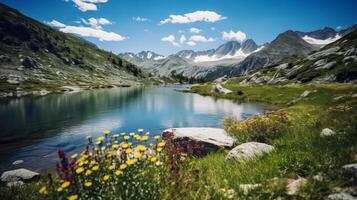 ai generato a distanza alpino lago con colorato fiori selvatici e luce del sole foto