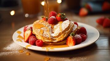 ai generato cuore sagomato pancake per un' romantico mattina foto