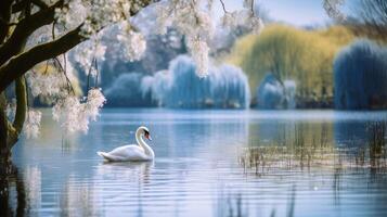 ai generato elegante lago paesaggio con cigno e salice alberi foto