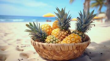 ai generato sabbioso spiaggia scena con un' cestino di tropicale ananas foto