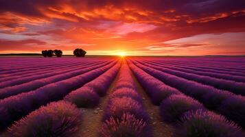 ai generato un' tramonto al di sopra di un' lavanda campo la creazione di un' colorato scena foto