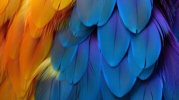 ai generato un' vicino su Visualizza di un' uccelli piume e piume con un' diversità di colori e disegni foto