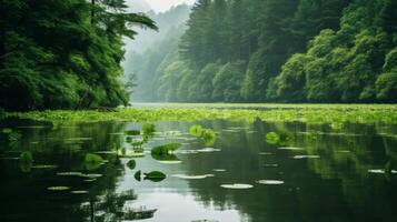 ai generato sereno lago con lussureggiante bambù foreste nel panoramico Visualizza foto