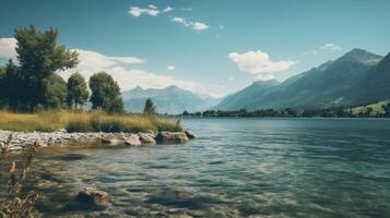 ai generato lago Visualizza con montagne e Vintage ▾ effetto sfondo foto