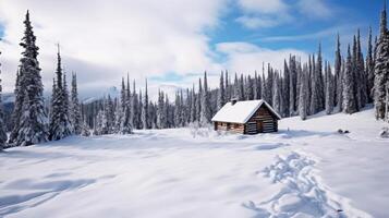 ai generato un' caldo e invitante log cabina con un' camino e un' finestra nel un' nevoso e selvaggio paesaggio foto