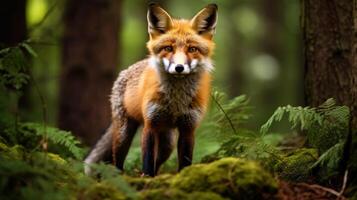 ai generato avvicinamento di curioso e carino rosso Volpe nel foresta radura foto