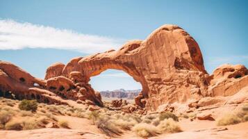 ai generato deserto arco scolpito di erosione nel roccioso terreno foto